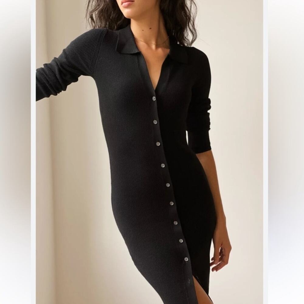 Aritzia Wilfred cove dress black ribbed knit button down knee length collar fall